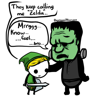 Zelda and Frankenstein commiserate.